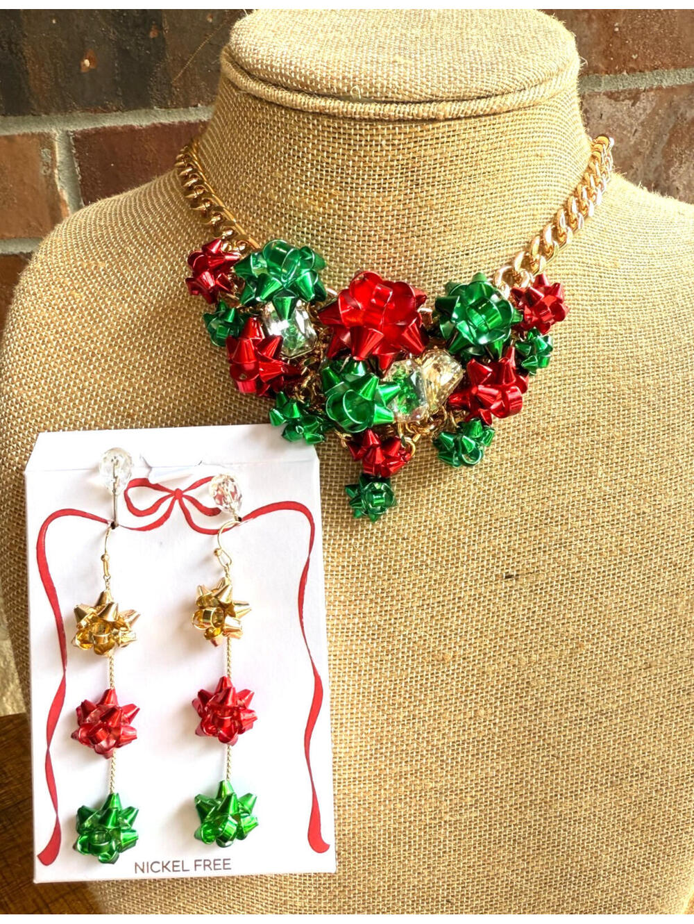 NWT Betsey Johnson Christmas Bow Necklace & Coordinated Bow Earring Set